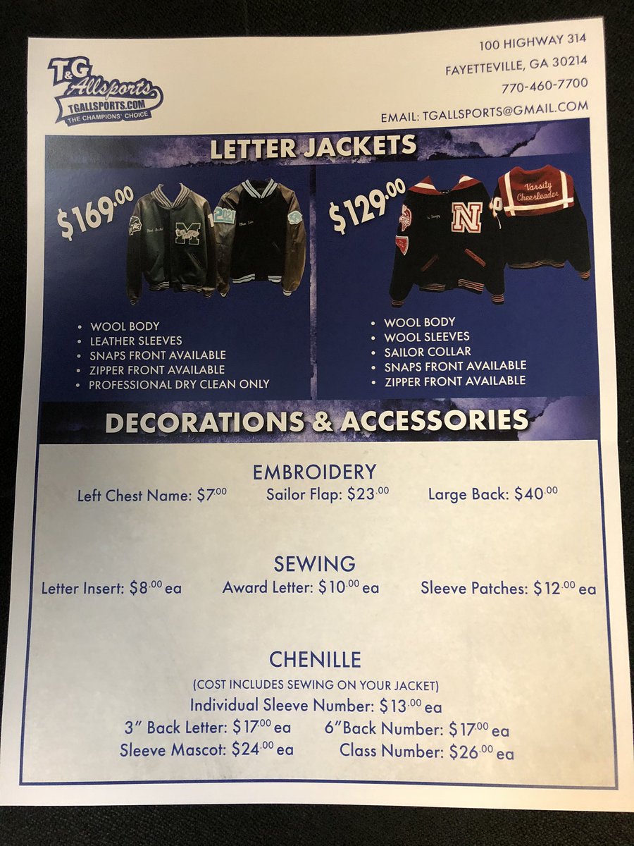 TGAllSports's tweet photo. Attention all athletes and schools in the Fayette, Coweta, Pike, Spalding areas, let T&amp;G Allsports be your official provider of your success on becoming an award recipient. Come see us at the store for you letter jacket needs. Contact us for on site school fittings as well. https://t.co/l4FnqkPs4a