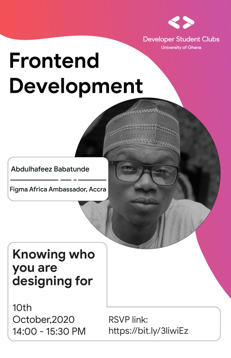 antwi_penuel's tweet photo. Join us this Saturday as we delve into the realm of UI/UX where we discuss the topic: *Knowing who you are designing for*. As a bonus the Figma ambassador himself will give us an introduction to the Figma software. #DSCUG #figma
Registration link: https://t.co/w2dPLPECRk https://t.co/XgalYQiuWA
