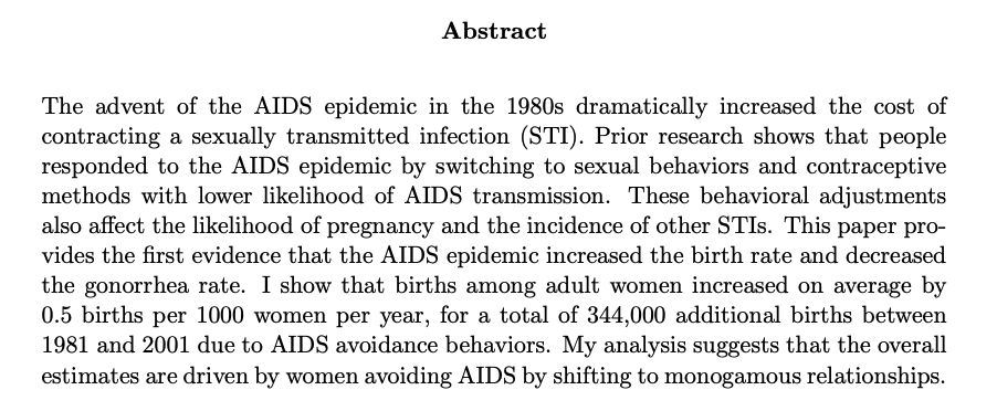 Melissa SpencerJMP: "Safer Sex? The Effect of AIDS Risk on Birth Rates"Website:  https://melissakspencer.com/ 