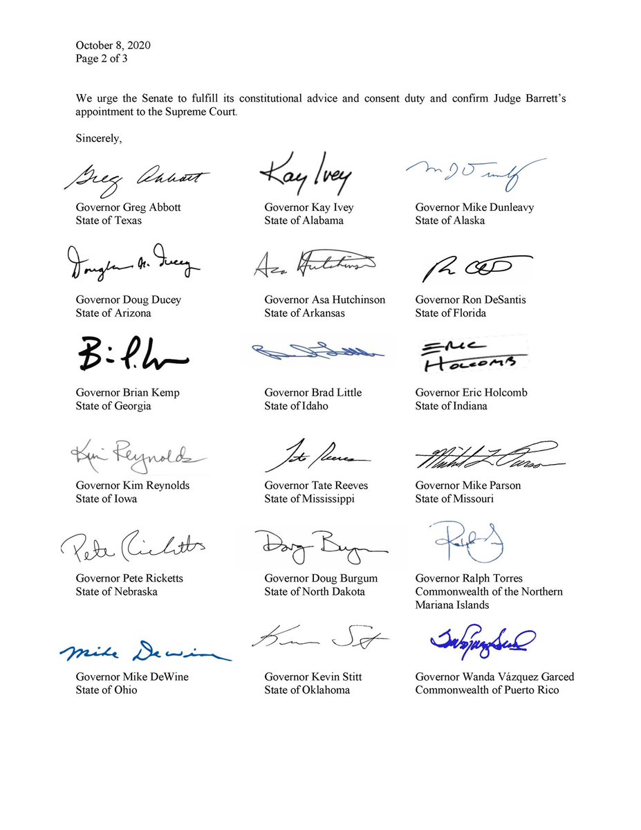 GovKemp's tweet photo. Yesterday, I joined 23 governors from across our nation in support of the nomination of Judge Amy Coney Barrett. I urge the Senate to fulfill their duty of advice and consent and confirm Judge Barrett to the Supreme Court. https://t.co/SzsodDblkJ
