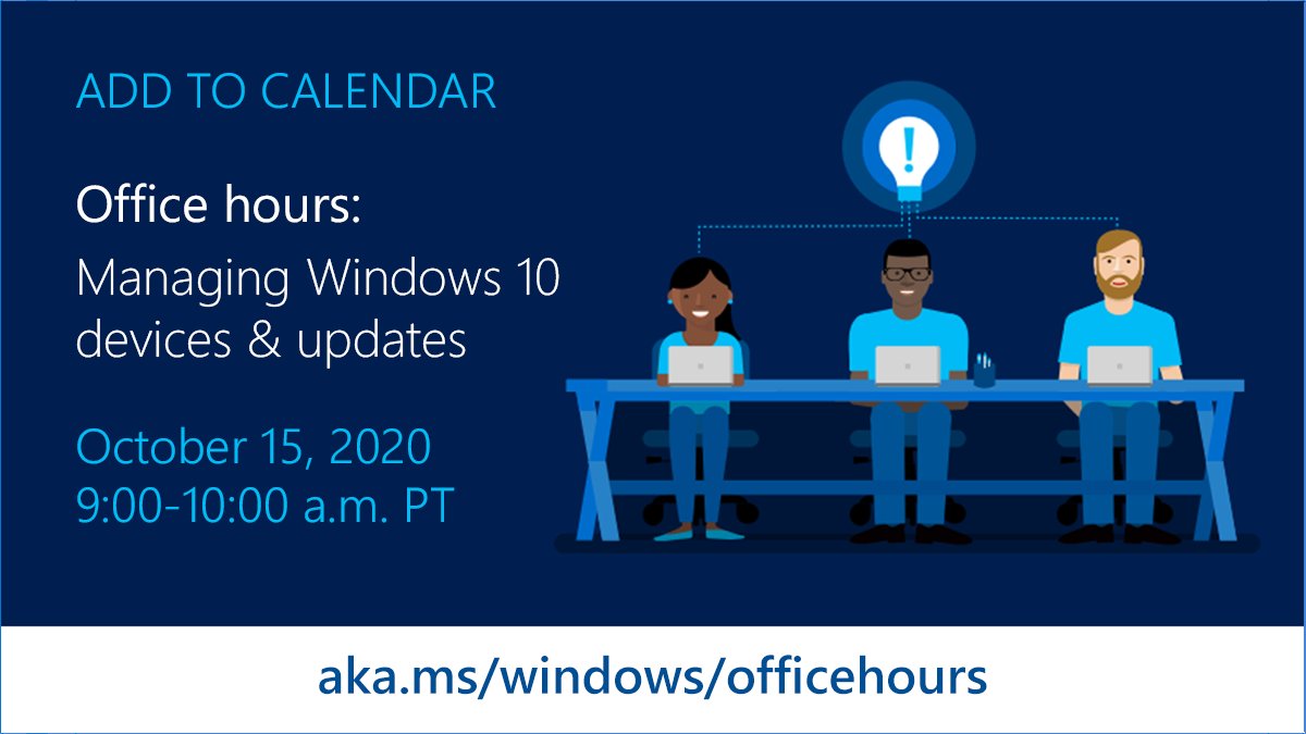 Windows IT Pro (@mswindowsitpro) on Twitter photo Our monthly #Windows10 Office Hours series resumes next Thursday, October 15th on <a href="/MSTCommunity/">Tech Community</a>! Have❓s or need support with managing updates, deployments, and devices? We'll be ready to help! aka.ms/windows/office… Our monthly #Windows10 Office Hours series resumes next Thursday, October 15th on <a href="/MSTCommunity/">Tech Community</a>! Have❓s or need support with managing updates, deployments, and devices? We'll be ready to help! aka.ms/windows/office…