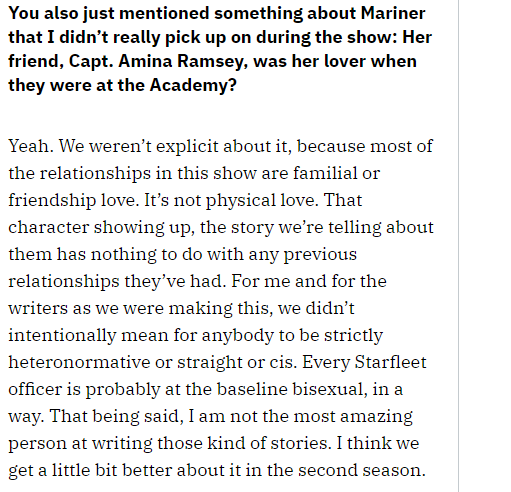 i was waiting to discuss this, so let's talk about  #StarTrekLowerDecks  , LGBTQ+ rep, bi visibility and mike mcmahan's interview from variety. read the whole thing here if you like (and i encourage), but in particular we're gonna be dissecting these bits:  https://twitter.com/Variety/status/1314394278123233283