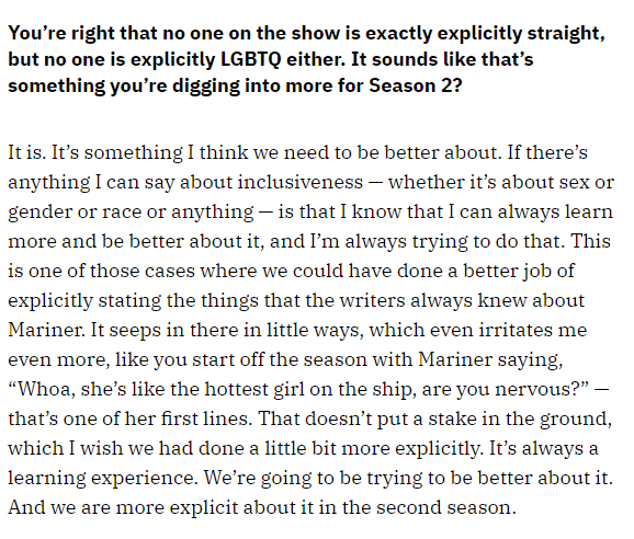 i was waiting to discuss this, so let's talk about  #StarTrekLowerDecks  , LGBTQ+ rep, bi visibility and mike mcmahan's interview from variety. read the whole thing here if you like (and i encourage), but in particular we're gonna be dissecting these bits:  https://twitter.com/Variety/status/1314394278123233283