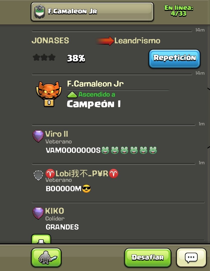 Grandes los chicos de camaleón Jr, conseguimos meter nuestro segundo clan en Campeones I. 🔥🐸🔥

#Goverdes🐸💪💪