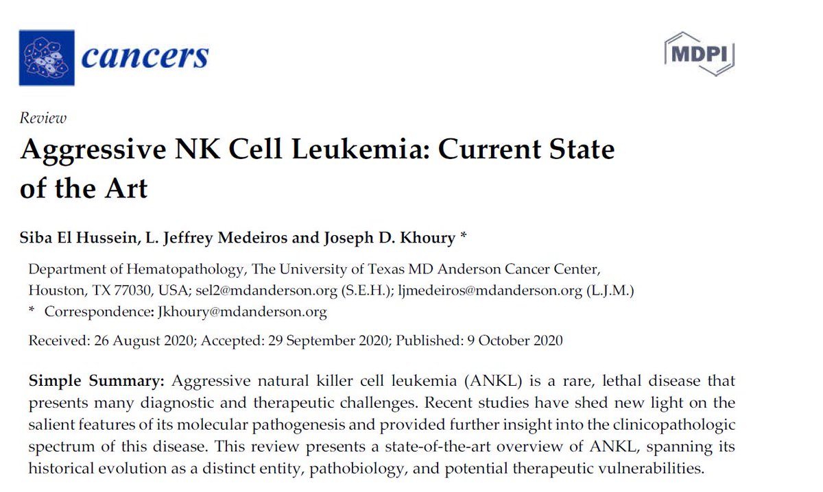 Siba El Hussein, MD (@sibaelhussein) on Twitter photo (1/11) Check our new comprehensive article with <a href="/ljmedeirosMD/">LJMedeirosMD</a> & <a href="/JoeKhouryMD/">Joseph D. Khoury, MD, FCAP</a> reviewing history and what we know today about the pathobiology of Aggressive NK Cell Leukemia (ANKL)➡️bit.ly/33LrWzP <a href="/Cancers_MDPI/">Cancers MDPI</a> @LeukemiaMDA #hemepath #leusm
Below is an ANKL tweetorial⬇️ (1/11) Check our new comprehensive article with <a href="/ljmedeirosMD/">LJMedeirosMD</a> & <a href="/JoeKhouryMD/">Joseph D. Khoury, MD, FCAP</a> reviewing history and what we know today about the pathobiology of Aggressive NK Cell Leukemia (ANKL)➡️bit.ly/33LrWzP <a href="/Cancers_MDPI/">Cancers MDPI</a> @LeukemiaMDA #hemepath #leusm
Below is an ANKL tweetorial⬇️