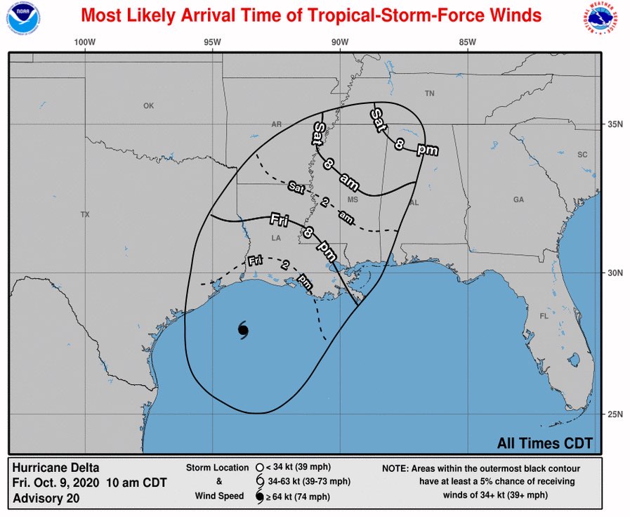 Everywhere circled on this map is forecasted to experience tropical-storm-force winds. Yes, that includes half of Arkansas and Alabama and even part of Tennessee — this is a large and fast-moving storm. You will feel the impacts too. 3/7