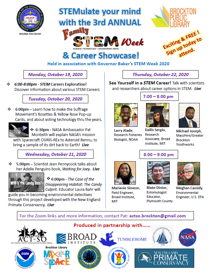 Check out the great <a href="/MassSTEMWeek/">Massachusetts STEM Week</a> events sponsored by the Brockton Area Branch of the NAACP and the Brockton Public Library! <a href="/BrocktonSchools/">Brockton Public Schools</a>