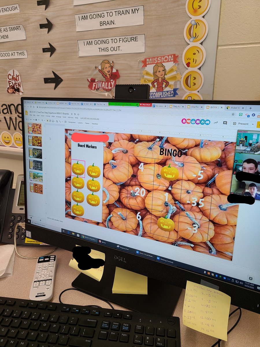 DDE_MsCisek's tweet photo. We reviewed solving equations today with a fun Friday game of fall themed Bingo! Loved the excitement both virtual and in person. Happy three day weekend! @DDEGambino @DDE_AGiarratano https://t.co/TuSHttUHWT