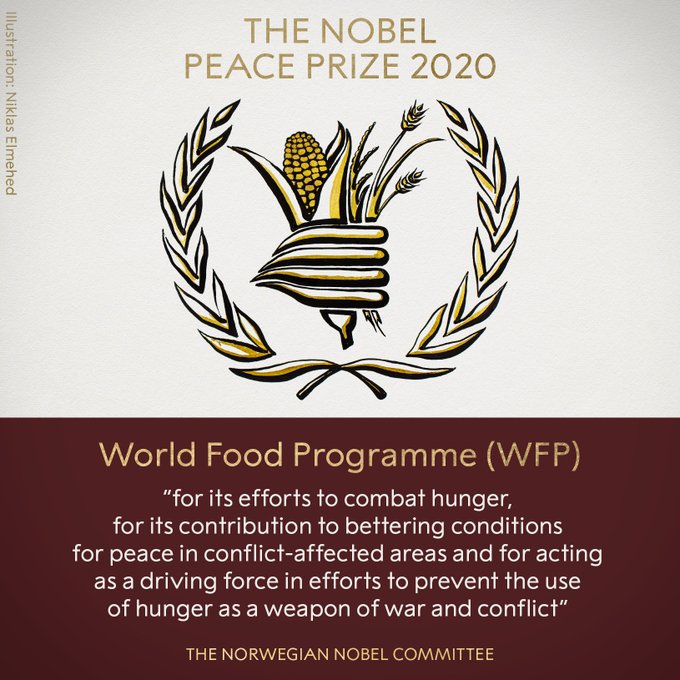 hultprizefudma's tweet photo. Congratulations to the 2020 #NobelPeacePrize winner, the World Food Programme for its effort to combat hunger. Together with @WFP @hultprize @Enactus_Fudma lets create a #ZeroHunger world, #SaveLifes ,#ChangeLifes through #FoodForGood https://t.co/2vcfLdWlnf