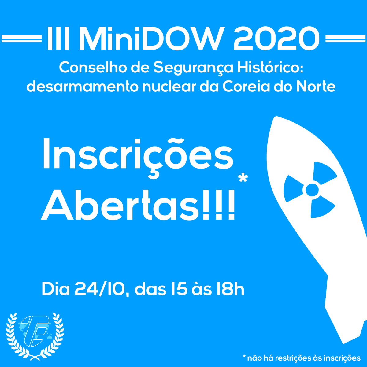 modowcefet's tweet photo. Delegados e delegadas, as inscrições para o III MiniDOW estão abertas! [LINK:https://t.co/E6JGeUrtny ]
Lembrando que o Conselho de Segurança debaterá o desarmamento nuclear da Coreia do Norte! https://t.co/b9YT4om2OE