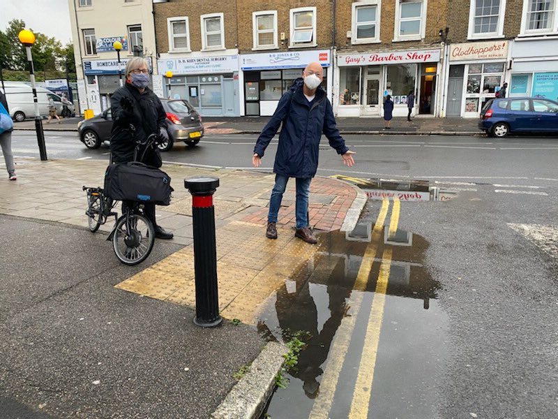 And finally I always think about people walking. The government need to sort out TfL’s long term funding so simple things like this puddle at a crossing can be resolved (before it ices up over winter causing slips and falls).