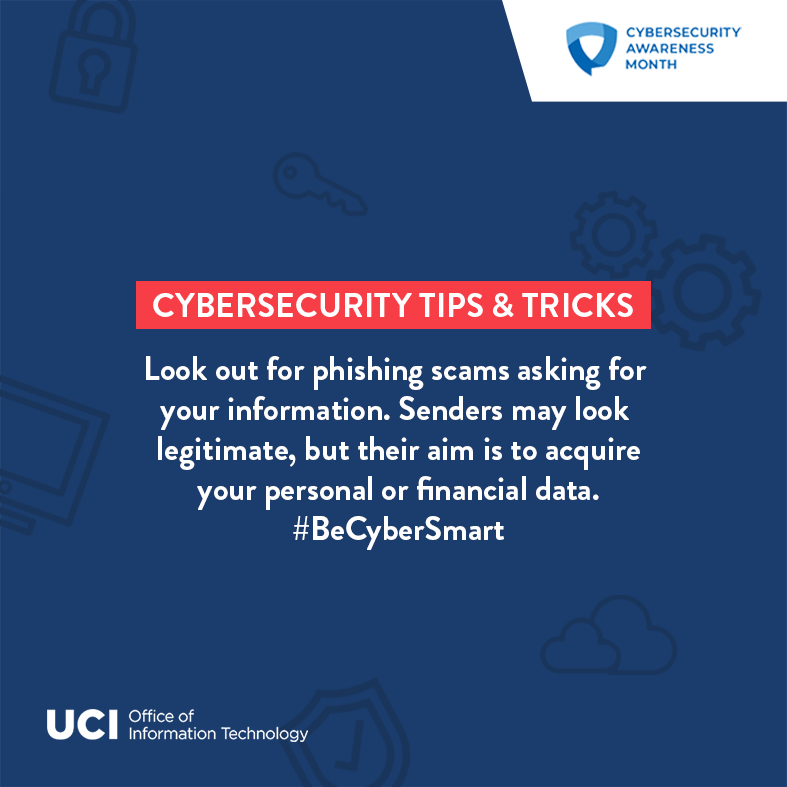UCI_OIT's tweet photo. Phishing can come in all shapes and sizes. Watch out for phishing red flags and report any suspicious emails to spam@uci.edu https://t.co/XzVSU6kyOV #BeCyberSmart #NCSAM2020 #UCITech https://t.co/TY73Nq1Lmv