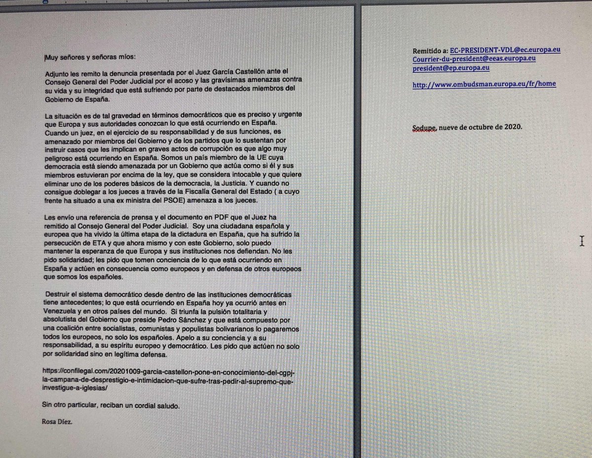 rosadiezglez's tweet photo. He remitido esta carta a las autoridades de la Unión Europea adjuntando la petición de amparo ante el CGPJ del Juez Garcia Castellón. Defender la democracia nos compete a todos. Europa debe conocer las actuaciones despóticas y la persecución a los jueces q practica Sánchez. https://t.co/o31qJTX76O