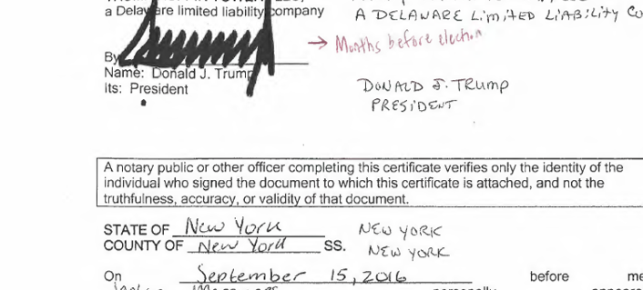 3/ On 9/15/2016, weeks before the election, Trump signed a document to secure a $30M loan against the Trump International Hotel in Las Vegas, which he owns in a 50-50 partnership with fellow billionaire Phil Ruffin. You can see the amount and the signature on these documents.