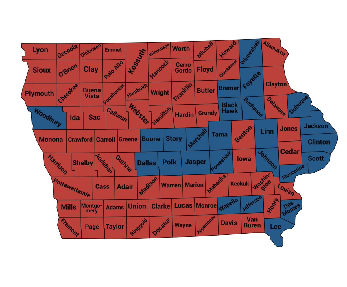 A Biden victory map in 2020 may thus look like Rob Sand’s victory for Iowa State Auditor in 2018, or the Congressional vote by county in 2018 (where Democrats picked up 2 more congressional seats in the state). Here's what  @PviGuy and I think it might look like [8/]