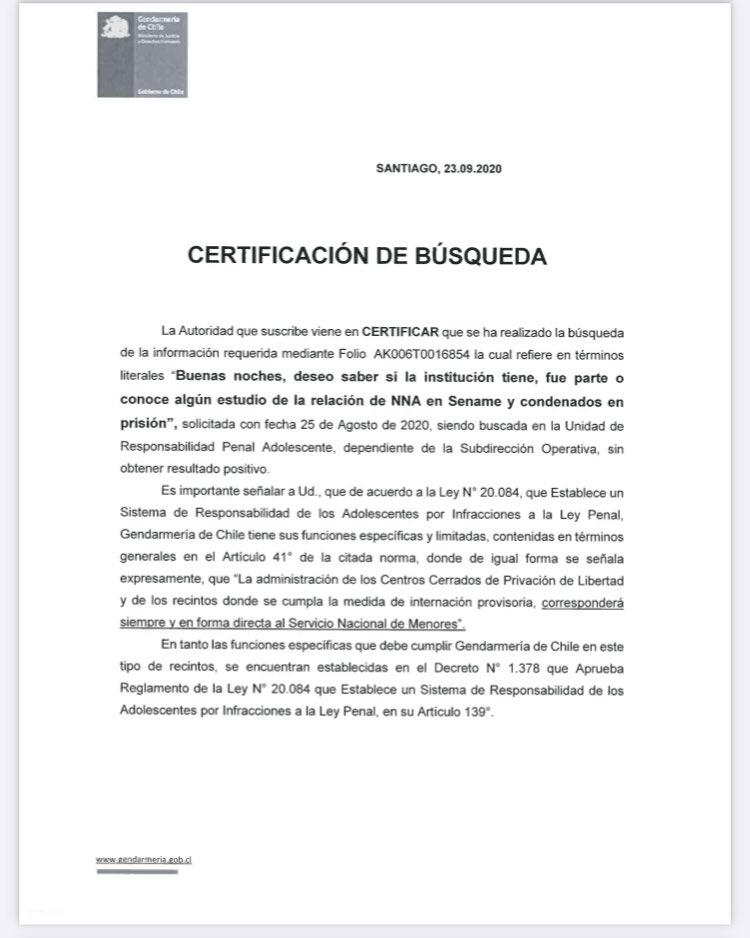 CristobalYessen's tweet photo. Aquella afirmación que tanto difundió una parte de la prensa de que la mitad de la población penal estuvo en sename es mito.
Agradezco a gendarmería por emitir este certificado. 
Repito: “No hay estudios que certifiquen que la mitad de la población penal pasó por sename”... https://t.co/G87XKNHuzn