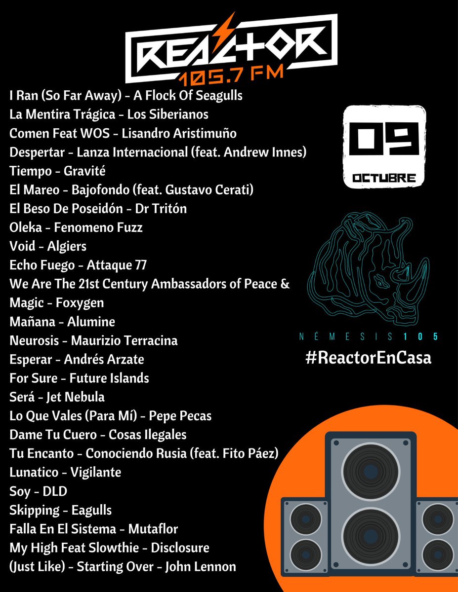 Estos es lo que sonó este viernes en #Némesis105. Gracias a <a href="/conociendorusia/">Conociendo Rusia</a> <a href="/Ibero909FM/">Ibero 90.9 FM</a> <a href="/DedosdeLuna/">Ana Valencia.</a> <a href="/alcarlop/">Alejandro Cárdenas L</a> y Mutaflor por ser parte. <a href="/Reactor105/">Reactor 105.7 FM</a> 🔥🦏