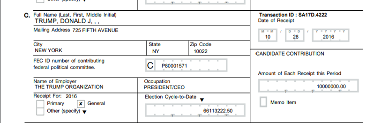 4/ Not long after, Donald Trump makes a sudden donation of $10 million to his presidential campaign, as you can here:  https://docquery.fec.gov/cgi-bin/fecimg/?201906289150368844