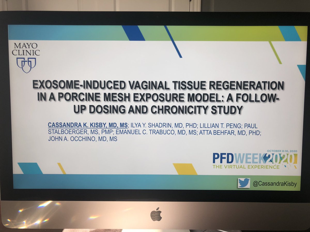 Proud to present our work demonstrating utility of exosomes for vaginal mesh exposures. 🌟 re-dosing is beneficial 🌟 exosomes are effective for sub-acute and chronic exposures 🌟 presence of infxn signif thwarts regeneration #RegMed @MayoRegMed @MayoGynecology @FPMRS #pfdweek20