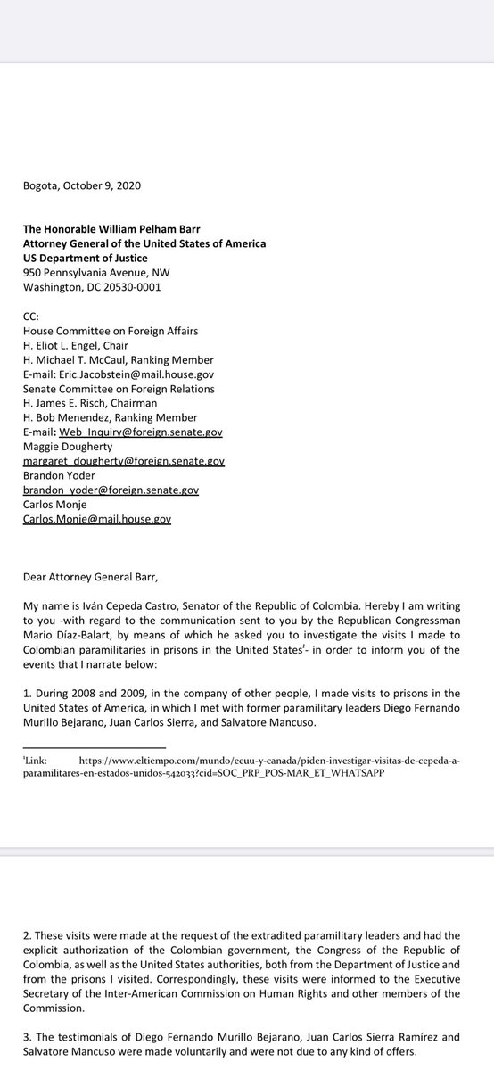 IvanCepedaCast's tweet photo. Remití hoy mi comunicación a William P. Barr, Fiscal de EEUU, con copia a congresistas demócratas y republicanos de los comités de relaciones exteriores de ambas cámaras: https://t.co/if8kRgKkV5