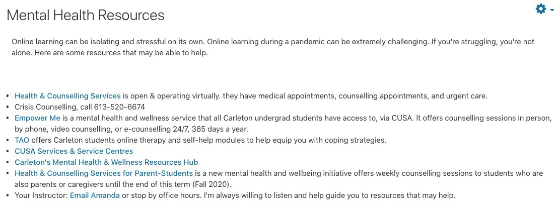 amandar0berts's tweet image. A lot of my students and colleagues are struggling with their mental health, so I put together a mental health resources page on my course&apos;s page. Carleton colleagues, if you want a copy of this or my writing one, please send DM me! #onlinelearning #onlineteaching