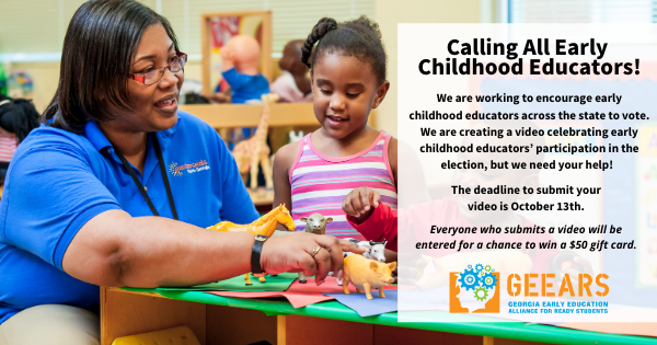 GEEARS's tweet photo. Calling all early childhood educators! We've partnered with @GeorgiaAEYC to create a video to encourage early childhood educators across the state to vote, but we need your help! Learn more and submit your video today:
https://t.co/c8UfYmr5aj #GAEarlyEd #Georgia https://t.co/trZIptSvap