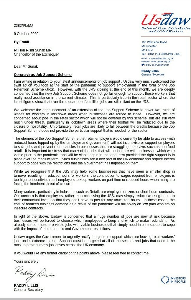 UsdawUnion's tweet image. Where is the support for retail jobs? Our General Secretary @PaddyLillisGS has written to @RishiSunak following today&apos;s #JobSupportScheme announcement setting out our concerns 👇