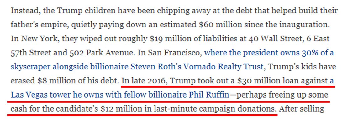 6/ The fact that Trump got this loan late in 2016, then turned around and made quick contributions to his campaign, is not new.  @ChaseWithorn and I wrote about it in this October 2019 story, for example.  https://www.forbes.com/sites/danalexander/2019/10/02/donald-trump-has-sold-more-than-100-million-of-real-estate-since-taking-office/#7fa284ee1090