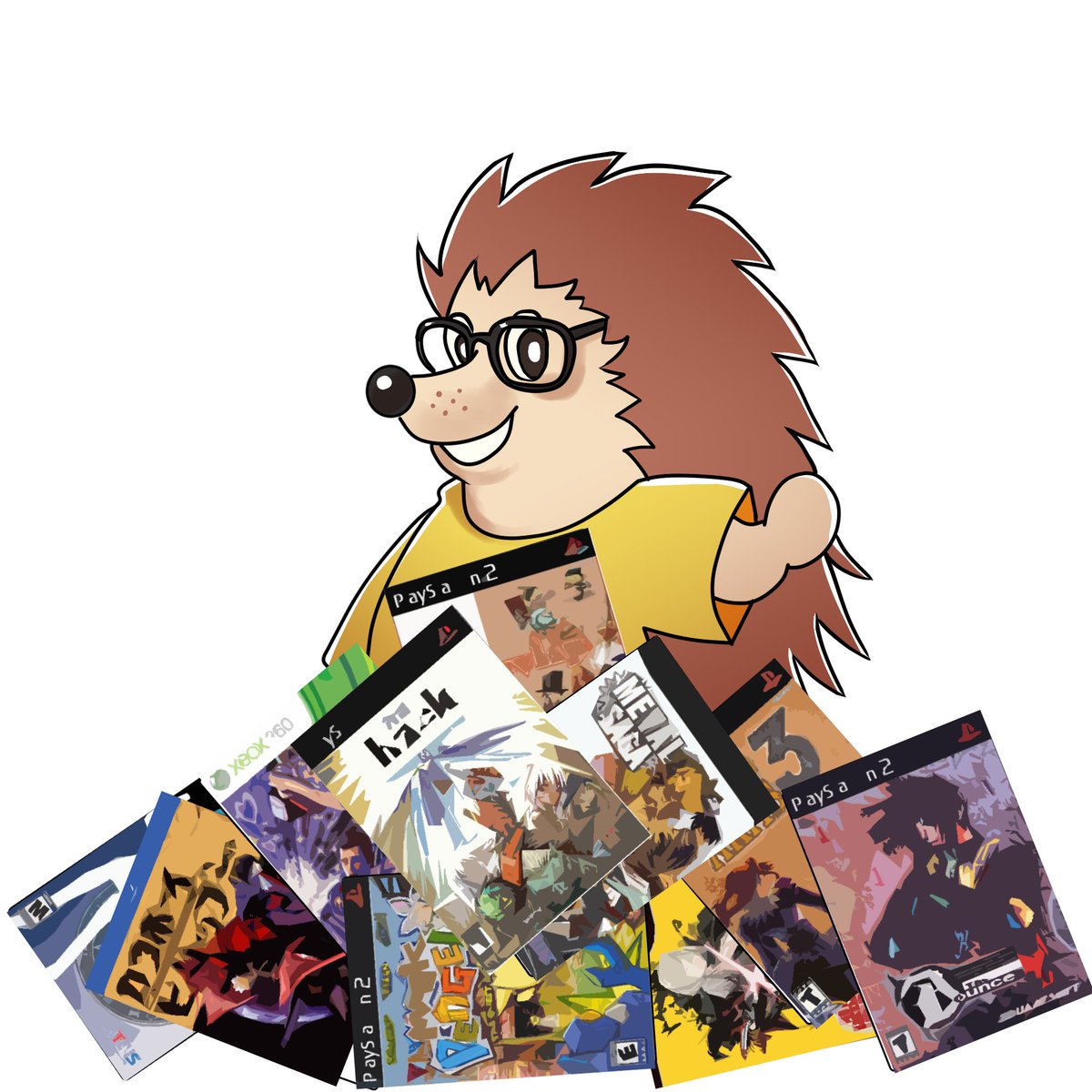 UnearthedShow's tweet photo. hello. this is ernie. he is happy to see you. He is the new mascot for Unearthed Entertainment. If you can figure out each and every game or media he has in his pile, you win. https://t.co/FS3ITEV1sk