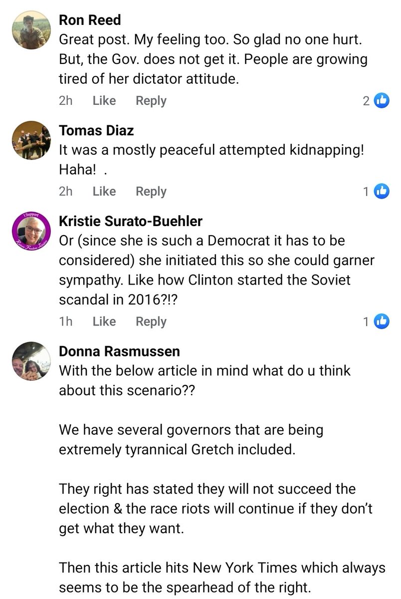 To bring it full circle, let's look at the comments that are currently up on 'The Movement' Facebook group in response to the MI  #Terrorsm plot. This is the discursive environment Henry, Shirkey,  @billhuizenga, Trump and the Chatfields have cultivated on purpose.