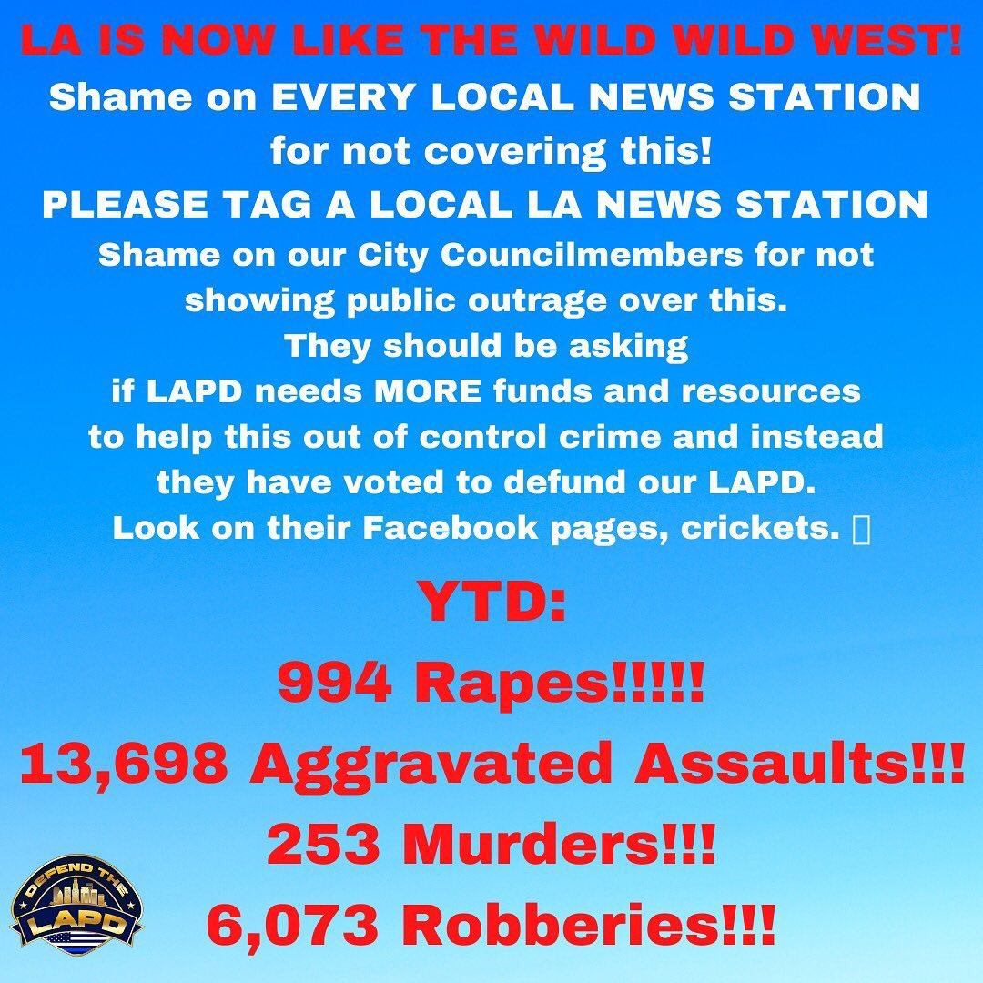 WalkWithBlueHQ's tweet photo. #losangeles #losangelestimes #losangelescalifornia Do you know what is happening in LA? Where will those crime stats be in 3 mos? 6? 12? Write/email your #electedofficials, @lamayorsoffice and let Garcetti know that you would like your quality of life back. 💙 ~M #defendthelapd https://t.co/qhC2dCckoh