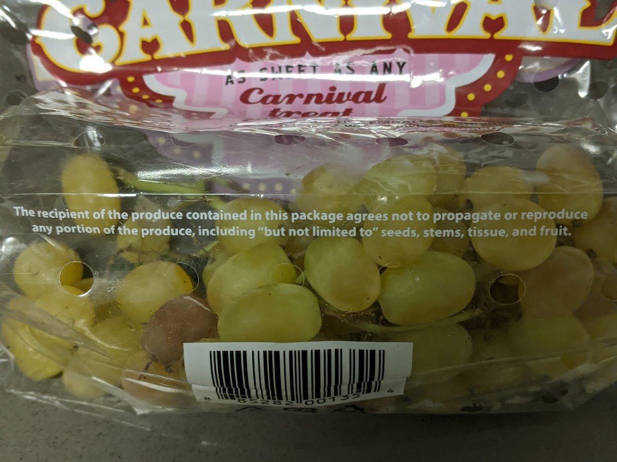 all right, this is a new one. a EULA on...fruit?!'the recipient of the produce contained in this package agrees not to propagate or reproduce any portion of this produce, including "but not limited to" seeds, stems, tissue, and fruit.'