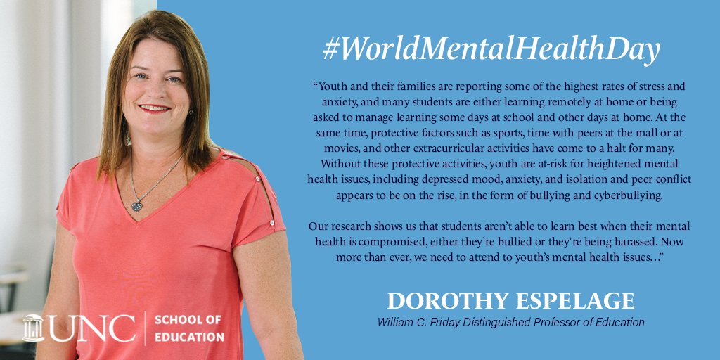 📢 Tomorrow is #WorldMentalHealthDay Faculty member <a href="/DrDotEspelage/">Dr. Dorothy Espelage</a>, one of the nation's leading authorities on school safety and student well-being, shares the impact of COVID-19 on student mental health.