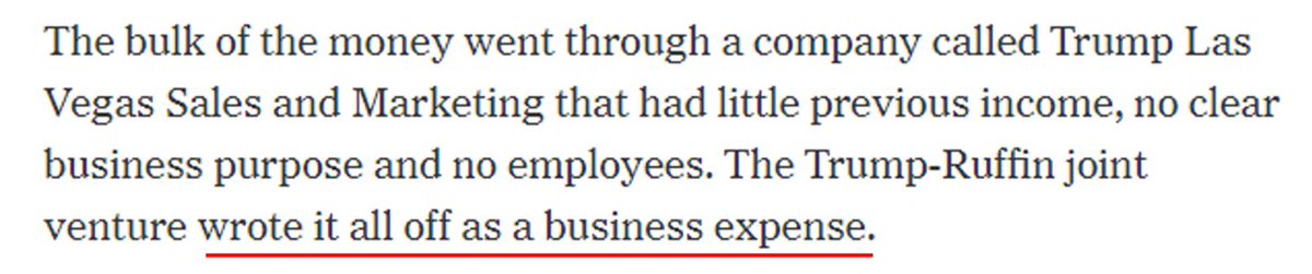 7/ But the NYT adds details about how that money may have flowed through Trump's companies -- and what the legal implications could be. Ultimately, the NYT says Trump got a $21M+ windfall from the hotel. This part is important/new: Trump & Ruffin treated it as a writeoff.