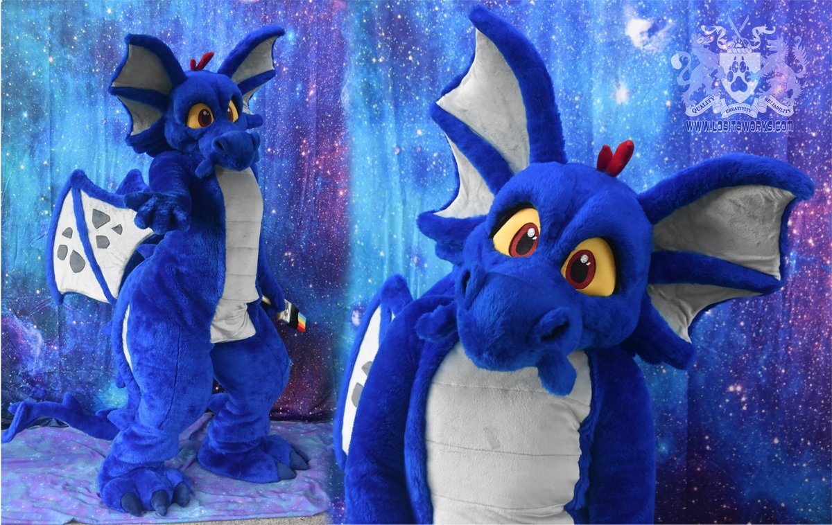 Two collaged photos of a blue Neopets dragon fursuit, one is a full body sh...