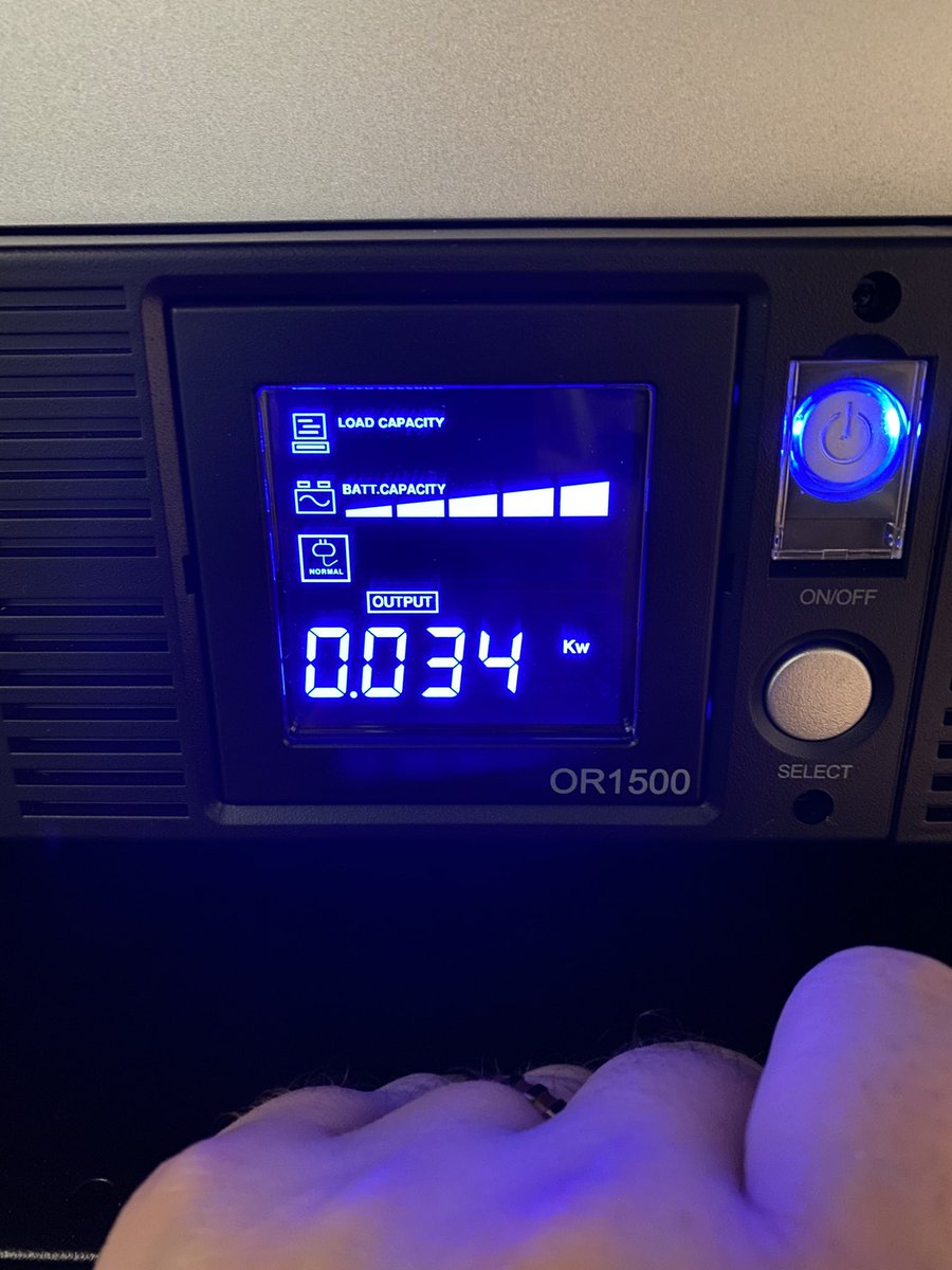 For anyone curious or planning: this switch is eating about 34 watts (including the 13.5 watts of PoE load), which means almost 4 hours of battery backup with a 1500VA unit. Not to shabby.