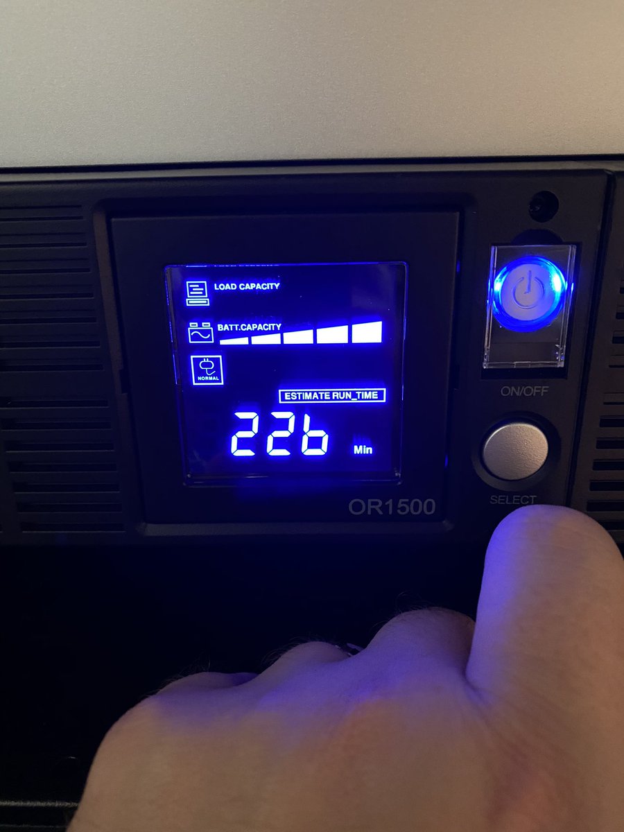 For anyone curious or planning: this switch is eating about 34 watts (including the 13.5 watts of PoE load), which means almost 4 hours of battery backup with a 1500VA unit. Not to shabby.