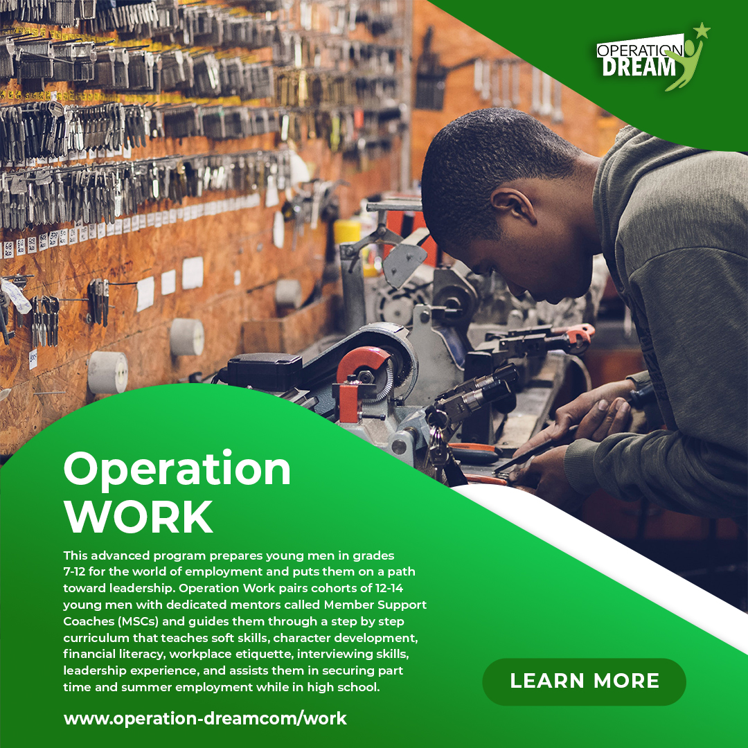 operationDREAM's tweet photo. PROGRAM FEATURE!
Operation WORK
This is a Mentoring program that prepares young men in grades 7-12 for the world of employment and puts them on a path toward leadership.

https://t.co/JnQsIr2D8c https://t.co/FdJ32sFSCS