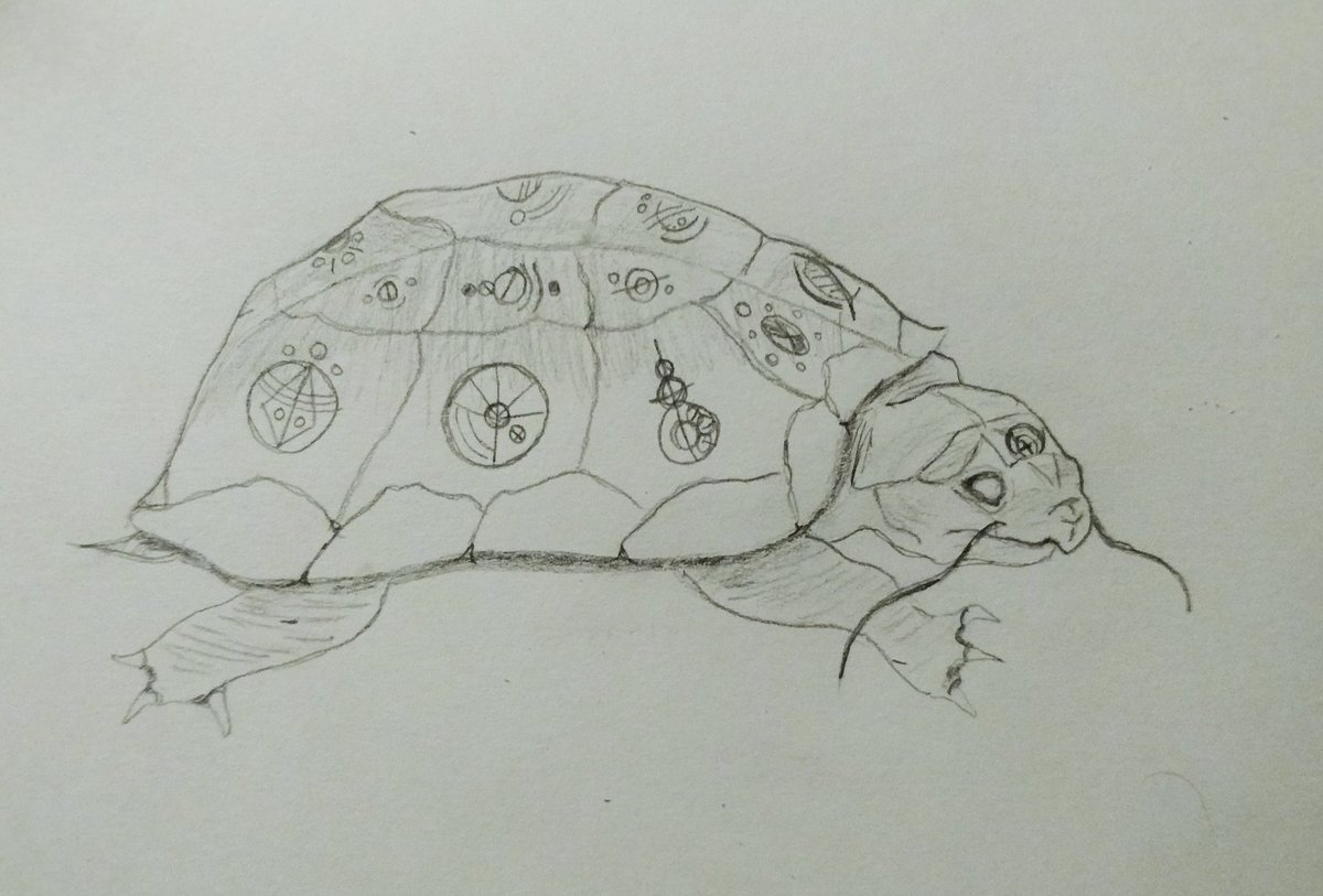 Day 9 - Marshekk - a beautiful, turtle like creature with arcane markings a Ross the shell and on its face. Creatures of pure elemental power. #dnd  #drawtober2020  #drawtober  #drawing  #turtle  #magic  #pathfinder  #critterart