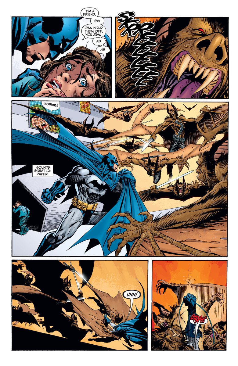 Bruce's narration showing that he is ready to throw down with an army of Man-Bat monster, and the art showing how raggedy this fights get for him, really shows how exhausting being Batman can be.The creative team did a really good job with that.