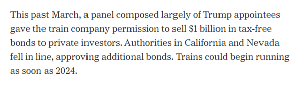 12/ The NYT provides a great update on what has happened with the train proposal since then: "A panel composed largely of Trump appointees gave the train company permission to sell $1 billion in tax-free bonds to private investors. ... Trains could begin running as soon as 2024."