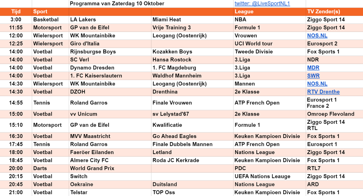 Hierbij alvast het programma voor de zaterdag. Weer een mooie dag vol livesport op televisie. Veel kijkplezier!

#StaySafe #kijktip #kijksport #Houdafstand #LiveSports #Blijfgezond #blijfthuis #live #livesport #sportoptv

Delen en volgen wordt gewaardeerd😃
