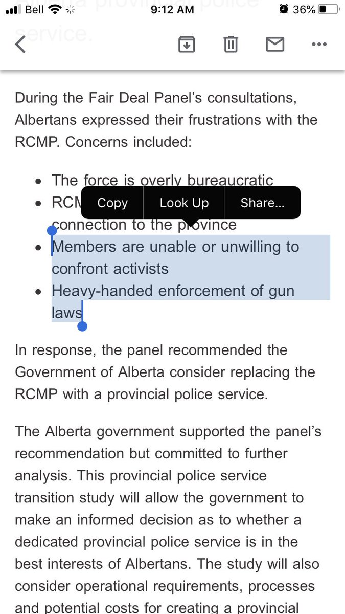 12. Crime and punishment: bill10 outlines massive fines and jail.time for anyone protesting against oil and gas. Our own AB police force to punish activists (again, in their own documents). Calling for heads to roll when a statue is toppled.. etc.