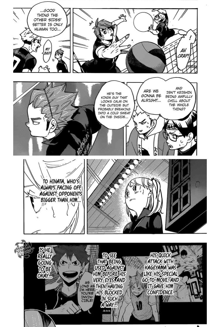 Chapter 255 after that scene where Ukai reminded them to calm down.An emphasis on what could be the first impression of the Miya Twins’ quick attack, contrasting what the Japan Vball Coach said.