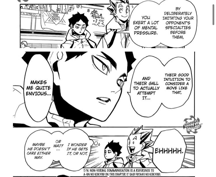 Panels from chapter 254 that didn’t get animated that I think were necessary.BokuAka: This was a game Akaashi looked back on when he was anxious in that Fukurodani match later on. It’s why his commentaries are there.