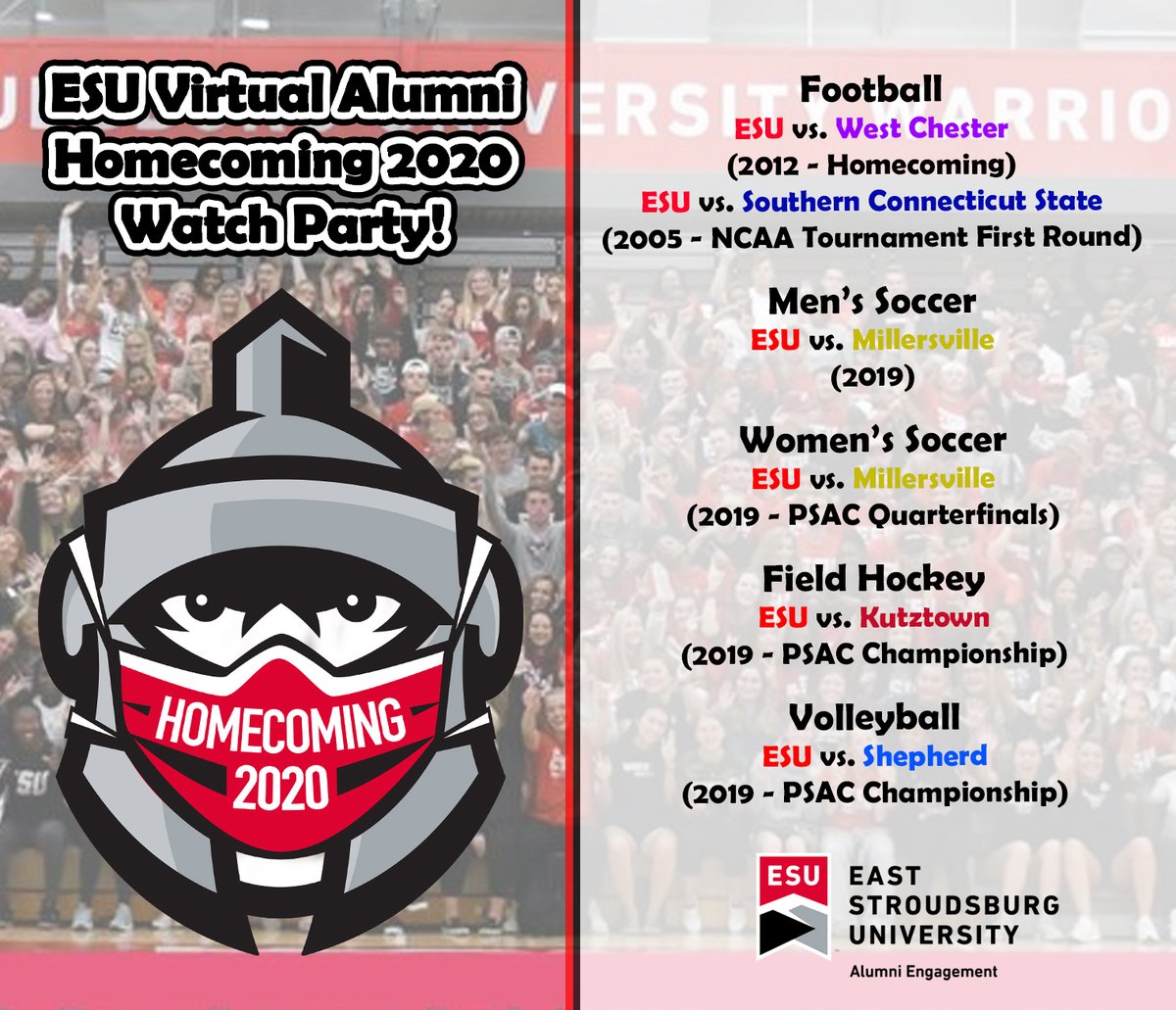 WarriorAlumni's tweet photo. Do you miss ESU Athletics as much as we do? Re Watch some of your favorite Fall games over the years, during the All Alumni 2020 Virtual Homecoming Weekend. Register at https://t.co/ZAtgbE4gi5... to watch the Warriors Win!
#esuhomecoming2020 #warriorsgovirtual #warriors #esu https://t.co/hz5up4ARxv