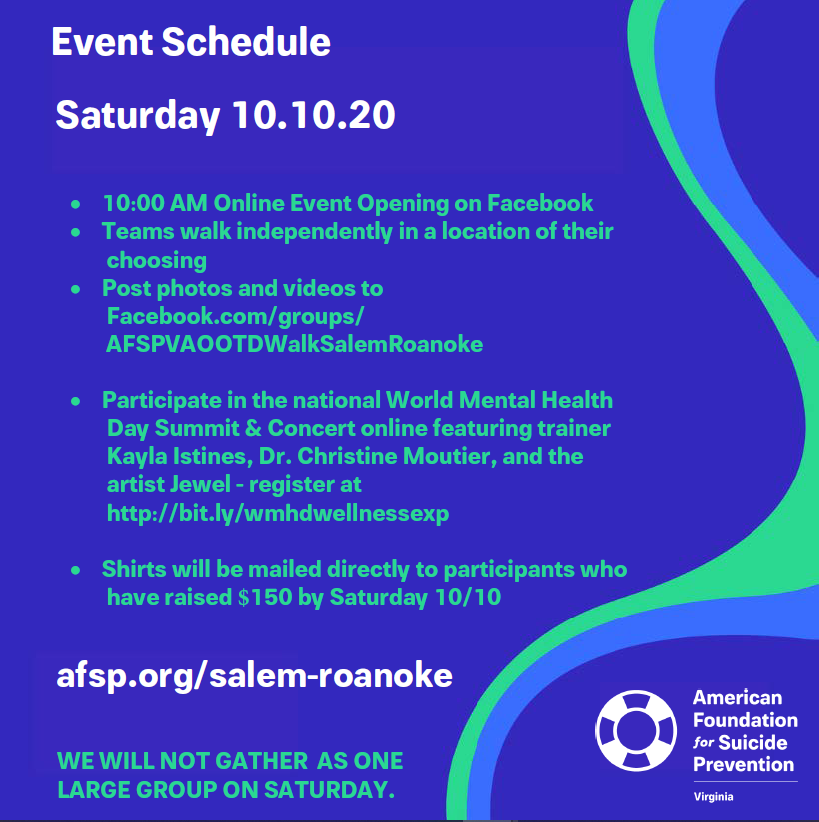 AFSPVirginia's tweet photo. We look forward to having supporters join us virtually tomorrow for the Salem-Roanoke Out of the Darkness Experience. Don't forget to post photos and videos of your walk to our Facebook group! You can join the group now at https://t.co/o33wg9ibf0. #TogetherToFightSuicide #AFSPVA https://t.co/HeX988H5SM