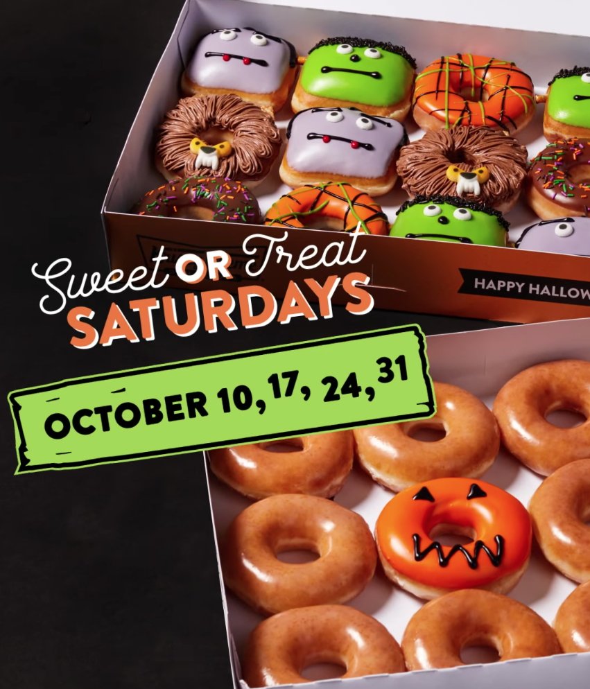 KrispyKremeNEPA's tweet photo. Celebrate our first Sweet or Treat Saturday TOMORROW! Get a $1 Sweet or Treat Dozen to share, when you buy a full priced dozen! 🎃🍩🍩 https://t.co/XXkwGAJBPY