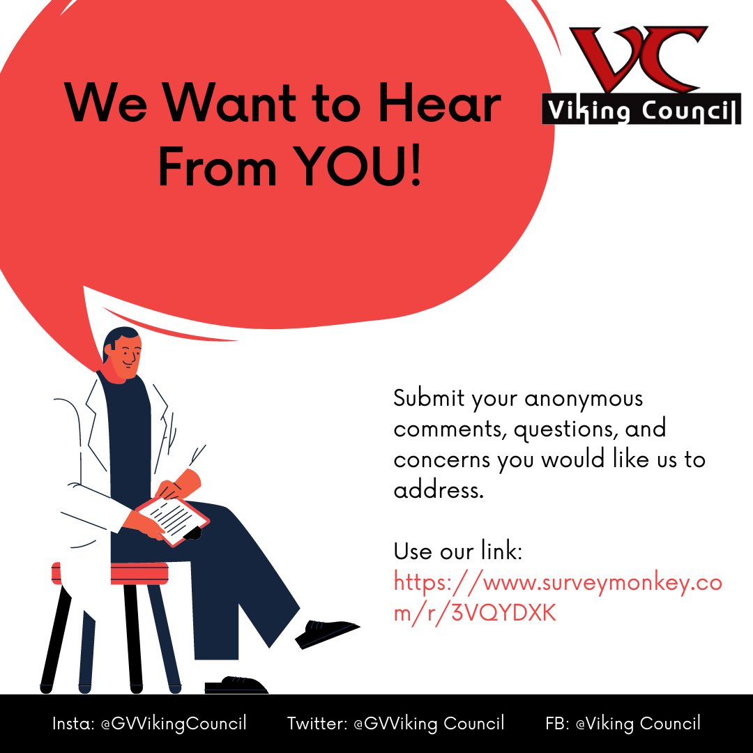 We want to hear from YOU! Use our link surveymonkey.com/r/3VQYDXK to send us your ANONYMOUS questions, comments, and concerns. (Link in bio). So we can create a better Grand View environment.