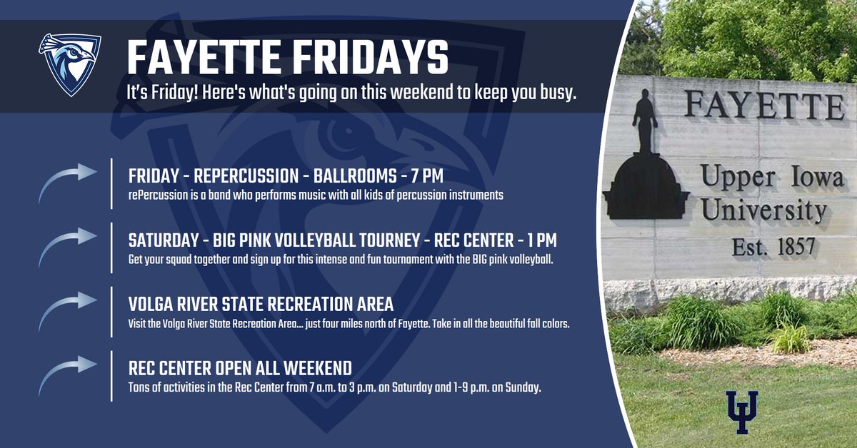 #FayetteFridays: We have a beautiful weather weekend on tap here in northeast Iowa. Take advantage and get out to enjoy the scenery. Don't miss the programs put on by Student Life either!